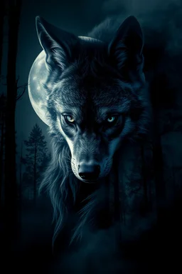 double exposure stunning wolf-woman mutant portait, forest, moon, smoke, ultra-high detailed, deep dark colors, dark fantasy, intricate detail, cinematic, masterpiece, sharp focus, dark ethereal fantasy, hyperdetailed, atmospheric , dark surreal fantasy