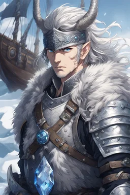 in anime style,1older man, a older man with blue eyes and black hair man in silver Viking armor with fur around the neck with blue crystal on his chest holding an axe in his hands standing on a pirate ship in the artic, warrior in anime style,