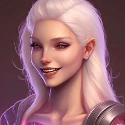 D&D character, female, cleric, platinum blonde hair, gold eyes, smile, teal armor