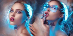 A face of Scarlett Leithold intense red lips with sky glasses backlit blue and red light