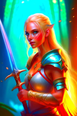 pretty woman, warrior, elf, blonde hair, fantasy, Skyrim, conventionally attractive, fighter, sword, elder scrolls, young, maternal, 3d render, conceptual art, poster