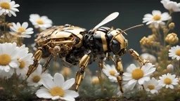 In a mesmerizing combination of brilliant and fading shades, photorealistic,an insanely detailed photograph of a nonhumanoid robotic bumblebee made of gold and other fine metals, collecting pollen from a white flower, the ((parts and mechanical workings are tiny and very delicate)), and the metal is very ((shiny and reflective)), set in a garden