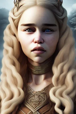 Perfect Emilia clarke face, viking clothes, fullbody, highly detailed face, highly realistic, dragon, fire, particles