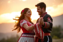 Young Azerbaijani couple performing traditional dance, joyful expressions, authentic costumes, dynamic movement, sunset lighting, cultural authenticity, photorealistic --ar 3:2 --style raw