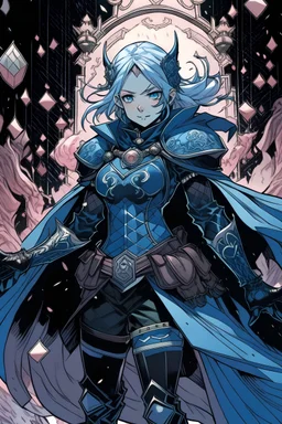 Dark Souls manga-style androgynous girl with pale pink hair, metal tiara, and blue warrior eyes, with medium blue armor, in a black coat, with dark blue gems in her greaves and gauntlets, holding two curves black claymores in both hands, with fight spirit in her eyes, jumping