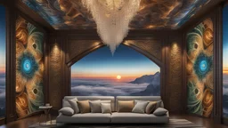 a big stunning fractal illustration with stepwise metalic colors on the wall in the living room, hyperdetailed , natur lighting, intricate detailed, high focus, cinematic, stunning, photorealistic