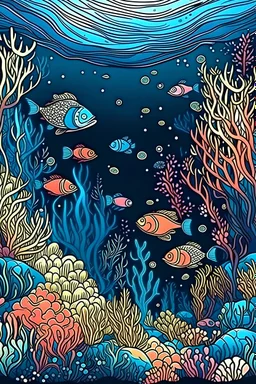 Enchanting underwater world with vibrant fish and corals line art with space