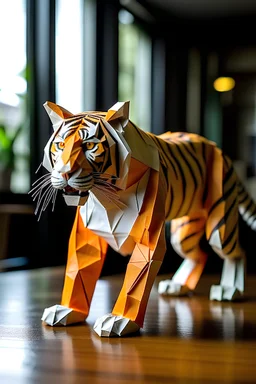 an oragami tiger in a real world