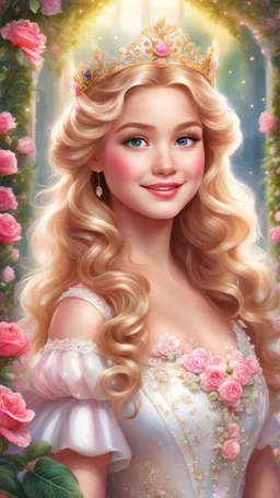 Adorable digital painting of a beautiful girl in a gorgeous elegant wedding dress, portrait of Princess Aurora, sparkling crown, front view, beautiful smile, shiny golden curly hair, angel eyes, beautiful face, rosy cheeks, pink lips, Aurora's face, digital art, surrounded by garden and roses in the background, romantic style, dream world, high quality, 4k