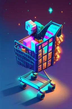 voxel shopping cart in game asset house anime cyberpunk style starry background