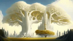 Valinor, tolkien, two giant trees, one giant golden tree, one giant silver tree, surrounded by a giant white castle.