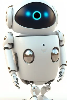 Full portrait of a cute robot. full body, white body, oval body, two arms, no-legs, happy face, digital eyes, white background, awesome Pose, Character Design By Pixar And Hayao Miyazaki, Unreal 5, Daz, Octane Render, Dynamic Lighting, Volumetric lighting, Intricate Detail, Cinematic
