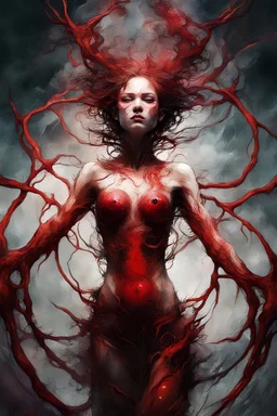 A dramatic digital painting portraying a figure under the Red Moon, veins pulsing, claws of temptation visible, soul in turmoil. In the style of Giger, vivid colors, swirling brushstrokes, highly detailed, 8k resolution, surrealistic., by Ryohei Hase, Agnes Cecile, Raymond Swanland, Anne Bachelie