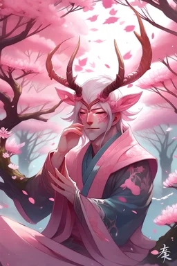 Pink hair spring cherry blossom Eladrin Male antlers blossom Blindfolded