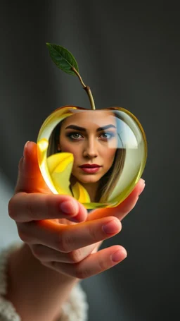 Chrystal Apple in a hand of beautiful women reflecting her face in the apple