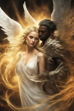 A dazzling confrontation unfolds between a luminous white female angel and a mysterious dark male angel. The female angel emanates a celestial radiance, her wings shimmering with iridescent hues of gold and silver. In contrast, the male angel exudes an aura of unsettling elegance, his dark wings shadowed with hints of crimson and ebony. This mesmerizing scene is depicted in a stunningly detailed oil painting, capturing every intricate detail of their divine forms. The richness of colors, the int