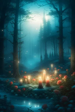 CANDLES ARE BURNING IN A WONDERFUL CLEARING IN A MAGICAL FOREST, THE NIGHT IS FULL MOON, SNOW, MAGIC Watercolor, double Chinese rose bush, ultra-detailed, morning, rain, greenery, beautiful landscape, fog, many details, delicate sensuality, realistic, high quality, 3d, work of art, hyperdetalization, filigree, foggy haze background, hyperrealism, professional, transparent, delicate pastel tones, back lighting, contrast, fantastic, unreal, translucent, glowing, clear lines, epic fabulous, fab