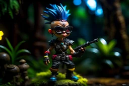 caricature, evil, dark arts, intricately painted, miniature figure. a miniature figure of an (angry:1.5) female cyberpunk (female Minion with glasses:1.4) with a rainbow mohawk hairstyle, set in a jungle, (holding a machete:1.6), giant boots, punk, worn, bokeh, Low DOF, 16k, trending on artstation. AlbedoBase XL.