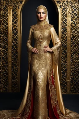 Realistic photography,front view, Beautiful Islamic Iranian super model Iranian Hijab Woman,dressing luxury party gown,looking at viewer,traditional dress ornaments Luxury gown Byzantine traditional, intricate armor, delicate golden shine bright, black metalic parts, detailed part, jewelry diamonds,dynamic pose,abstrac background, dynamic lighting, red hour, full body portrait