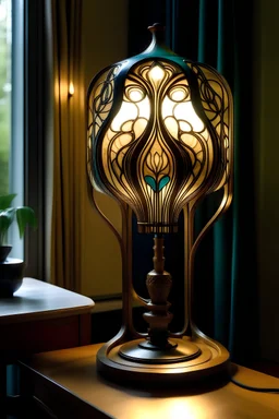 erstelle eine Tischlampe, die in einer modernen Wohnung steht, aber aus de Jugendstil ist