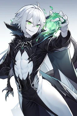 plauge doctor in balck leather clothes with silver hair, pale skin and bright green eyes smiling with sharp teeth, nice young face, male