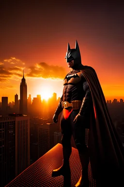 (image: Batman, the caped crusader, soaring above Gotham City as the sun sets in the background), Descriptive Keywords: Batman, Caped Crusader, Gotham City, Sunset, Iconic, Ultra Realistic, Batman Film, Camera Type: Medium Format, Camera Lens Type: Macro lens, Camera Aperture Settings: f/3.5, Time of Day: Sunset, Style of Photograph: Cinematic Heroism, Type of Film: Digital.
