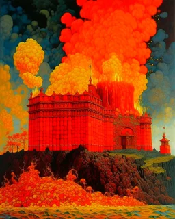 A red fiery castle on a lava spewing volcano painted by Gustav Klimt