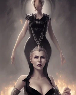 old evil queen in black leather gown, femme fatale, volouptous, busty, cleavage, angry, emperious, 8k resolution concept art portrait by Greg Rutkowski,