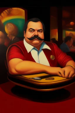 Fat ironman burguese mustache at the casino oil canvas.