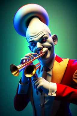 clown playing trumpet, unreal 5, octane render, cinema4d, dynamic lighting, dramatic lighting, 4k, redshift render, highly detailed, hyper realistic