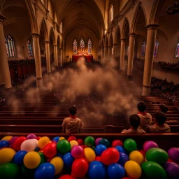 many clowns began to throw bottles filled with an unknown liquid into the crowd inside the church, lot of smoke