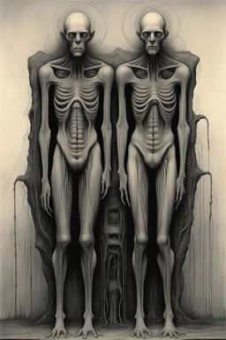 The full body of strange face on an old men , a thin line draw ، Siamese brothers with one body of two heads , front view camera, decayed and rotting with grotesque proportions and imagery. surreal horror, biomechanical design, by hr giger and beksinski , fine lines draw