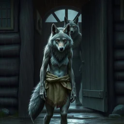 fantasy digital art of young female anthro wolf in gray hairy wolf body and wears just a short canvas rag around her waist , sad face stands at the rain front the door, behind her an tall anthro dark hairy wolf man standing behind in rustic halb open door in an massive wooden house, deep colors, rainy day, detailed, anthropomorphic creatures, fantasy, sci-fi mood