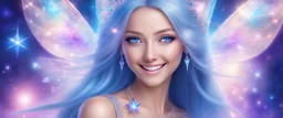 in the middle there is a beautiful bright fairy cosmic women with cosmic long straight hair, crystal jewel and dressed with a magic crystal suit. she has light make up and a sweety smile. she has a magic bright ray from her head to the sky