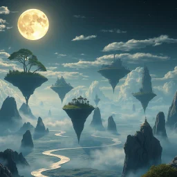 A hyper-realistic. A surreal landscape with floating islands and a giant, glowing moon, in the style of Hayao Miyazaki. HOF, full size, science, technology,future,electric ,futuristic style, design, practicality,manufacturability,performance, (((realism, realistic, realphoto, photography, portrait, , realistic, beautiful, elegant, charming, apocalyptic environment, professional photographer, captured with professional DSLR camera, trending on Artstation, 64k, ultra detailed, ultra accurate detai