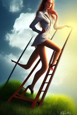 woman on the ladder high above clouds