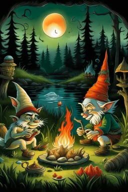 a gnome and a goblin eating in front of a fish fire, riverbank, night, moonlight, figure with fox mask behind