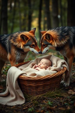 A baby sleeping in a basket covers by a blanket in the middle of a forest . Two wolfs standing by the basket kissing the baby’s face