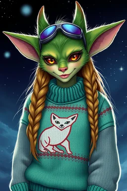 furry gremlin alien woman air captain wearing a "pooyan wolf sprite game" sweater
