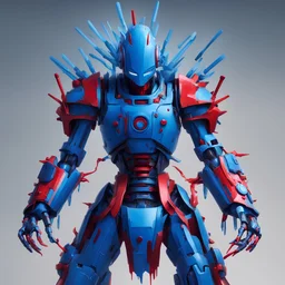 Needle Man who is a robot master, vivid blue armor with sky-blue a flat helm with white needles on head and shoots out needles dripping with crimson, Masterpiece, Best Quality, In Nightmare Fuel Style