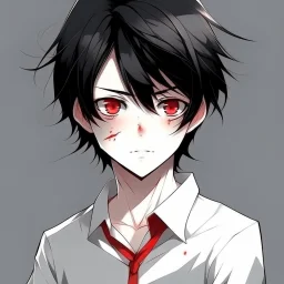 cool and sad boy anime black hair red eyes and white shirt