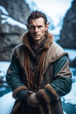 close up portrait of psionic christian slater ancient half elf half orc shaman thief in inviting pose on ice stone bridge wearing winter jacket, book cover