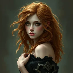 a pretty fantasy woman, loose ginger hair, young, plotting, dark fantasy art