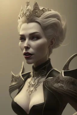 Hannah Waddingham as evil queen in black leather, busty, cleavage, dominatrix, curvy, angry, stern look. character design by cory loftis, fenghua zhong, ryohei hase, ismail inceoglu and ruan jia. unreal engine 5, artistic lighting, highly detailed, photorealistic, fantasy