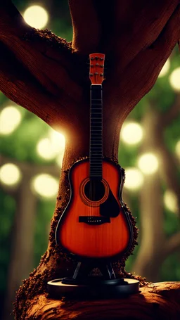 portrait of hairy rock guitar ninja sweet potato living inside a tree house in a hollow huge tree growing light bulbs, singing into ornate studio mic,bokeh like f/0.8, tilt-shift lens 8k, high detail, smooth render, down-light, unreal engine, prize winning