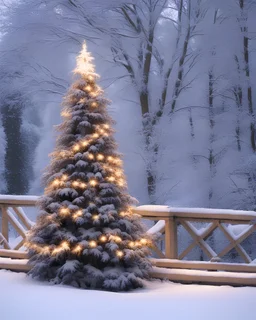 christmas tree with lights snow