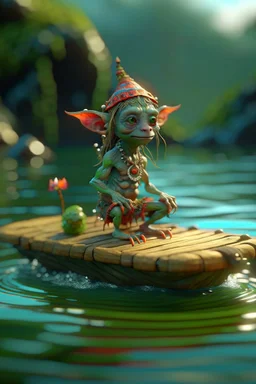 danish elf pixie hippie creature on small raft, in the style of fantasy movies, photorealistic, shot on Hasselblad h6d-400c, zeiss prime lens, bokeh like f/0.8, tilt-shift lens 8k, high detail, smooth render, unreal engine 5, cinema 4d, HDR, dust effect, vivid colors