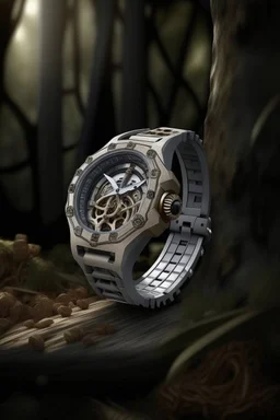 "Generate an outdoor-inspired image of an Audemars Piguet Skeleton Watch. Place the watch on a natural surface, such as a stone or wood, with elements of nature in the background. Capture the watch's blend of mechanical precision and natural beauty."