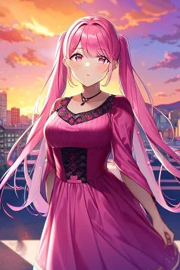 girl, masterpiece, best quality, cinematic lighting, detailed outfit, perfect eyes, long hair, pink hair, twin tail, pink eyes, vibrant colors, pink outfit, landscape, sunset, pink sky, town,