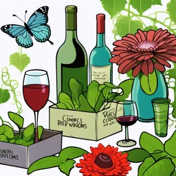 comics, flytrap, flower, vines, butterflies, glass of red wine, and a box on condoms